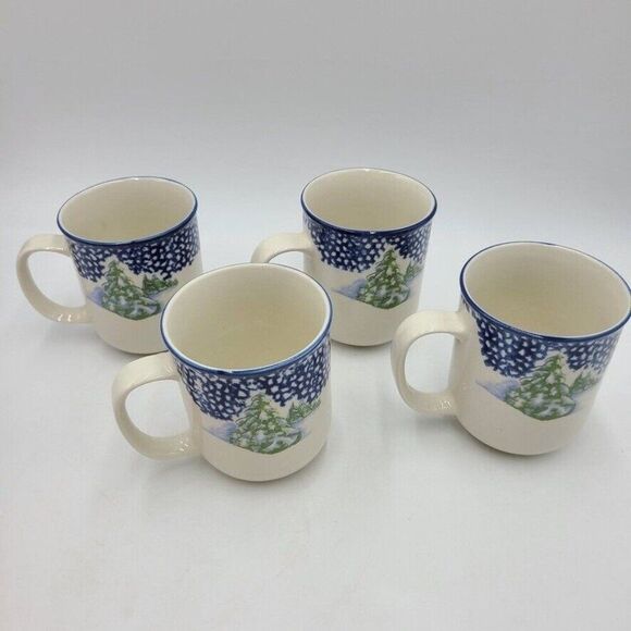 Vintage Thomson Pottery Snowman Coffee Mugs Set 4 Winter - Picture 3 of 7